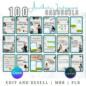 May include: A collage of 12 Instagram carousel templates offering tips for boosting your social media presence. The templates cover a range of topics, such as social media mistakes to avoid, trending content ideas, confidence hacks, easy reel hacks, healthy tips for business owners, before and after comparisons, content plan challenges, and more. The templates are designed in a modern aesthetic with a mix of colours and fonts.