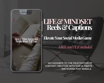 May include: A digital display showing a smartphone screen with a person reading a book, featuring the text: LIFE & MINDSET Reels & Captions, Elevate Your Social Media Game, MRR and PLR included, and SAY GOODBYE TO THE FRUSTRATION OF CONTENT CREATION.