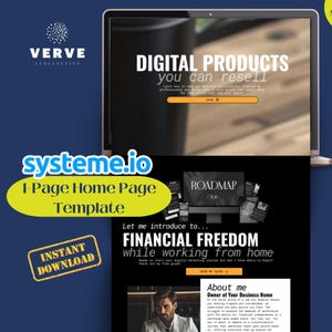 May include: A laptop screen displays a website promoting digital products for resale, with the text "DIGITAL PRODUCTS you can resell." Below, a yellow banner reads "systeme.io 1-Page Home Page Template." An "INSTANT DOWNLOAD" button is also visible.