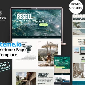 May include: A website mockup for a digital product reseller. The website features a tropical beach background with the text "Resell Digital Products" in bold, white letters. The website also includes a call to action button that says "Get Started".