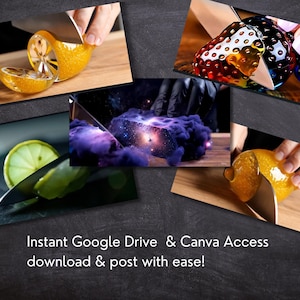 May include: A collage of images featuring lemons and limes being sliced with knives. One image shows a lemon cut open, revealing its interior. Another shows a lime being sliced. The text "Instant Google Drive & Canva Access download & post with ease!" is at the bottom.