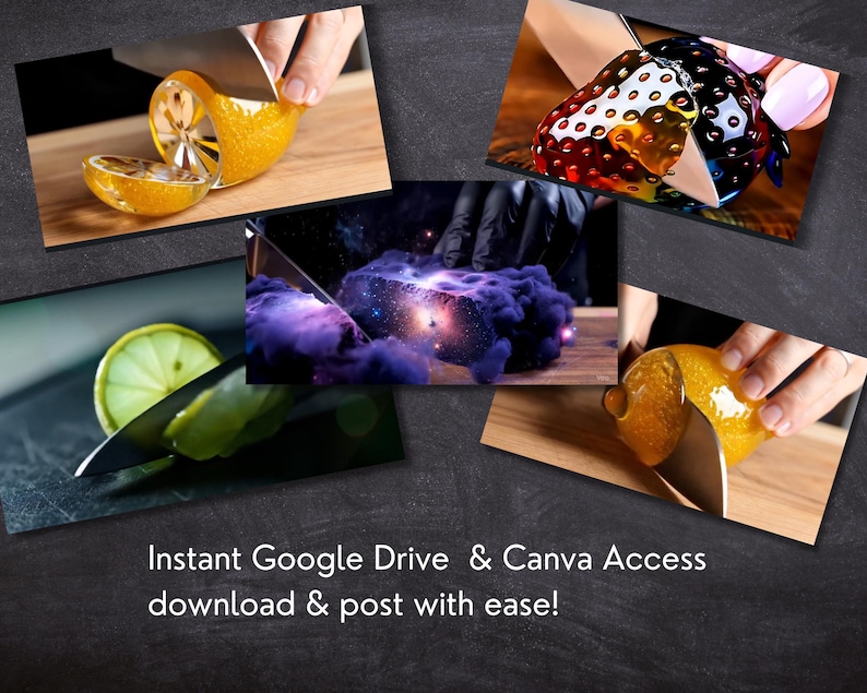 May include: A collage of images featuring lemons and limes being sliced with knives. One image shows a lemon cut open, revealing its interior. Another shows a lime being sliced. The text "Instant Google Drive & Canva Access download & post with ease!" is at the bottom.