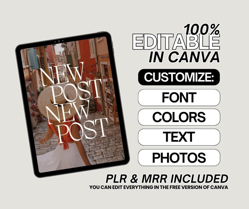 K&ouml;nnte beinhalten: Ein digitales Tablet zeigt ein Foto mit dem Text "NEW POST" in einer stilvollen Schriftart. Das Bild enth&auml;lt auch den Text "100% EDITABLE IN CANVA" und Optionen zur Anpassung von Schriftart, Farben, Text und Fotos. Der Satz "PLR & MRR INCLUDED" ist ebenfalls sichtbar.