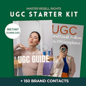 May include: A promotional image for a UGC Starter Kit. The image features two guides with the text "UGC Guide" and "UGC and Email, Follow & DM templates". The words "Instant Download" are also visible. The background is green.