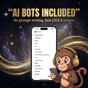 AI content creation toolkit with AI bots and templates for marketers and entrepreneurs. Monkey with headphones holds a phone displaying AI toolkit features against a starry background.