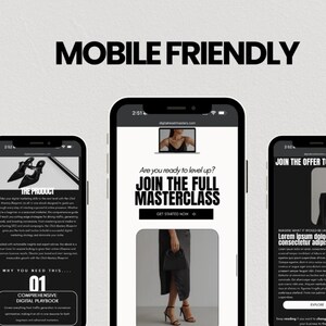 May include: Three mobile phone screens displaying different sections of a website. The first screen shows a product description for a pair of black shoes. The second screen features a call to action to join a masterclass. The third screen displays a call to action to join an offer. The text on the screens reads "The Product", "Join the Full Masterclass", and "Join the Offer Today".