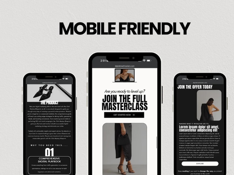 May include: Three mobile phone screens displaying different sections of a website. The first screen shows a product description for a pair of black shoes. The second screen features a call to action to join a masterclass. The third screen displays a call to action to join an offer. The text on the screens reads "The Product", "Join the Full Masterclass", and "Join the Offer Today".