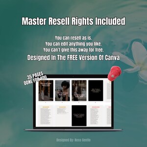 May include: A laptop computer screen displaying a digital product with 35 pages of content. The product is titled "The Viral Video Hooks" and is designed in the free version of Canva. The text "Master Resell Rights Included" is displayed at the top of the screen.