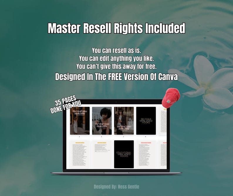 May include: A laptop computer screen displaying a digital product with 35 pages of content. The product is titled "The Viral Video Hooks" and is designed in the free version of Canva. The text "Master Resell Rights Included" is displayed at the top of the screen.