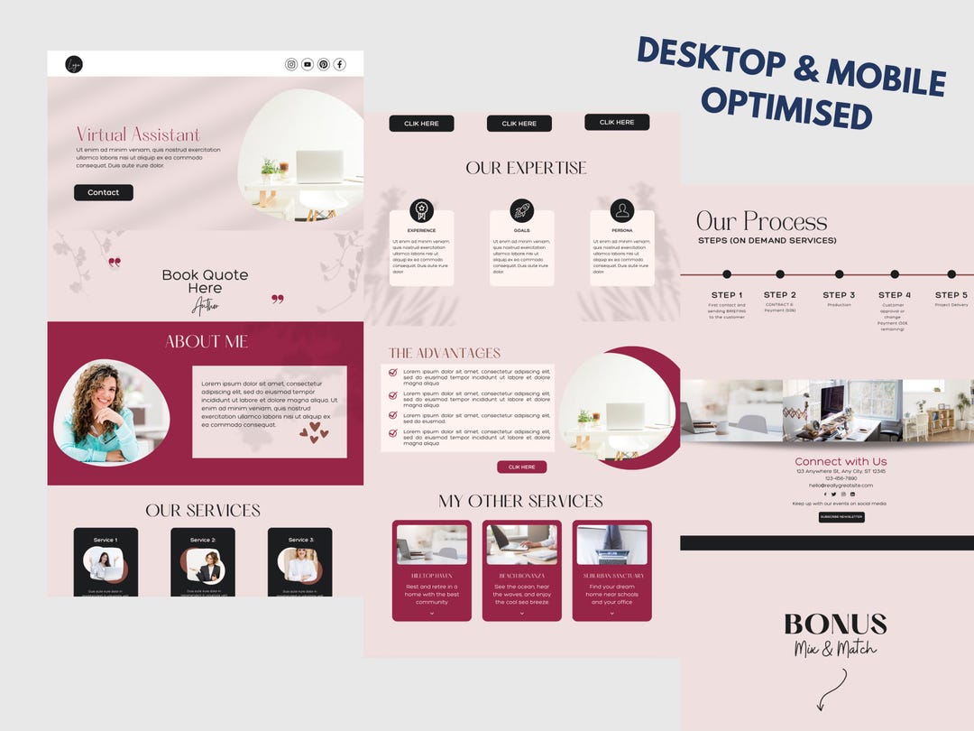 Pages from the Virtual Assistant Website Template: about, services, expertise and process sections in pink and burgundy.