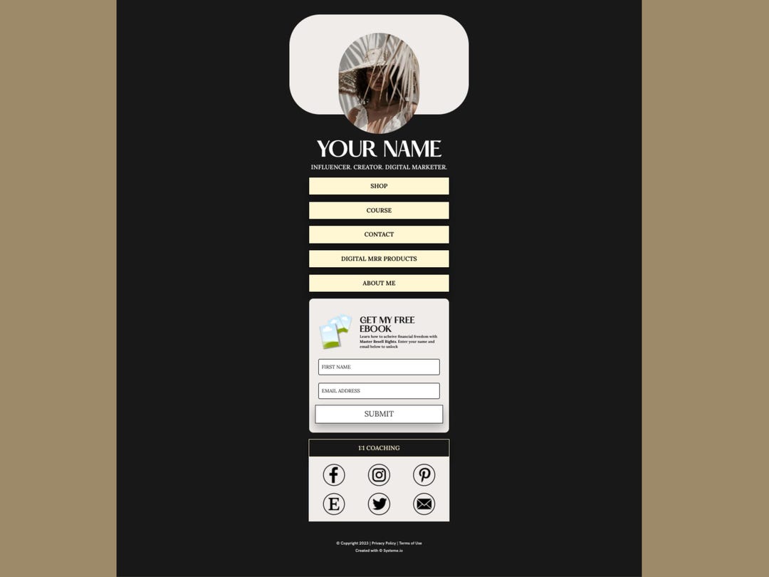 Link-in-bio page from the Naomi Mega Funnel, with menu buttons, an ebook sign-up form and social icons.