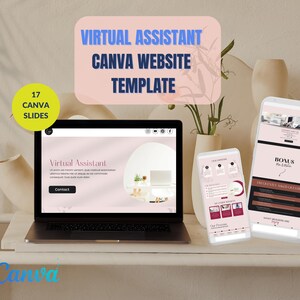 May include: A laptop computer screen displaying a website template for virtual assistants. The template is pink and white with the text "Virtual Assistant" and "Contact". The laptop is on a wooden table with a pink and white flower arrangement in a vase. The image also includes a pink and white phone mockup displaying a website template with the text "Bonus" and "Free Social Media Graphics".