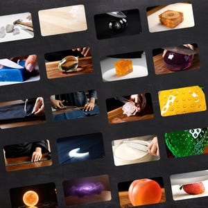 May include: A collection of images on a dark background, each showcasing a different object or process. Featured items include a black decorative sphere, a wooden block with a circular pattern, and a yellow, textured item. Other images show a blue block being cut and a tomato.