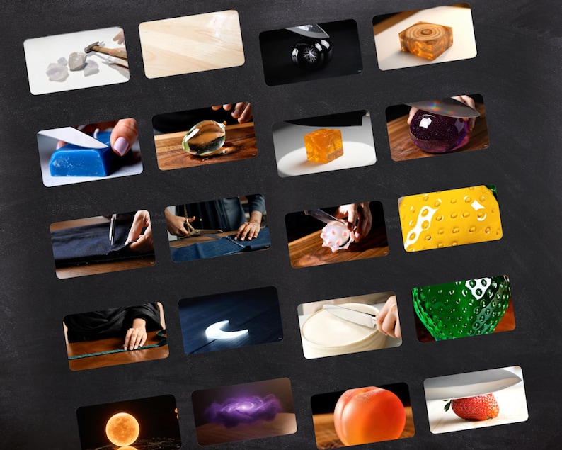 May include: A collection of images on a dark background, each showcasing a different object or process. Featured items include a black decorative sphere, a wooden block with a circular pattern, and a yellow, textured item. Other images show a blue block being cut and a tomato.
