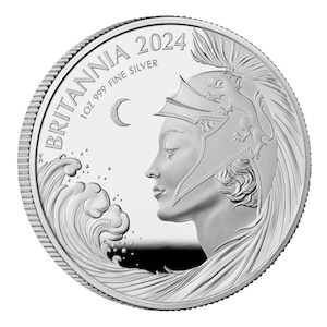Puede incluir: Una moneda de plata con la inscripción "BRITANNIA 2024 1oz 999 FINE SILVER" y una representación de Britannia, una figura femenina con casco, mirando hacia la izquierda. La moneda también presenta una luna creciente y olas.