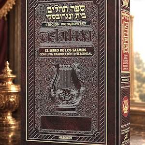 May include: A hardcover book with a brown leather cover, embossed with Hebrew text and a lyre. The book is titled "Tehillim" and "El Libro de los Salmos" with "Edición Wengrowsky" printed on the cover. The spine also has text.