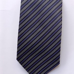 Striped necktie, vintage Italian made, blue purple black diagonal stripes silk suit tie, gift for him, minimal retro men&#39;s accessory,