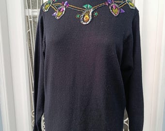 Vestido vintage de lana negra de los años 80: túnica de punto con lentejuelas y cuentas