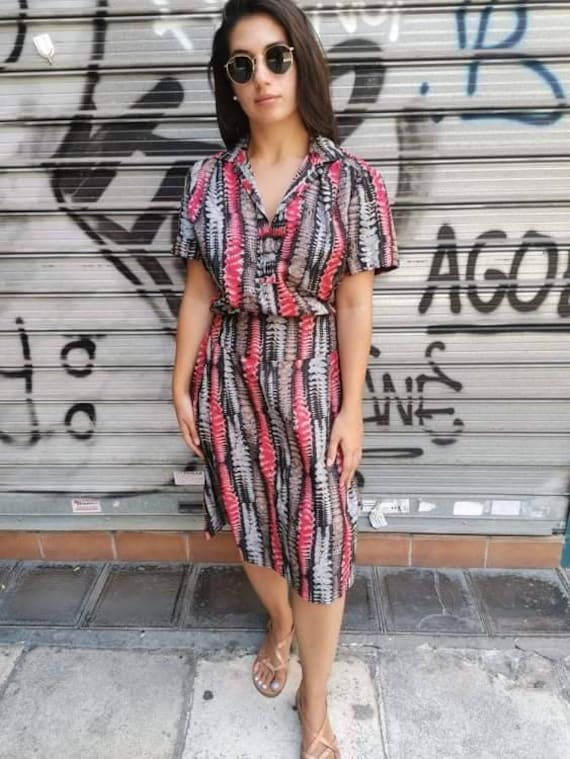 Vintage Abstract Print Dress: Red Black Gray Yoke Waist