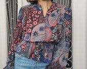 Vintage Floral Blouse: 1980s Multicolor Puffed Sleeve Top