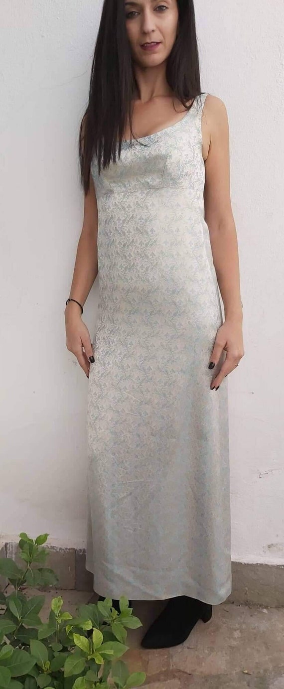 1970's light blue metallic brocade sleeveless maxi