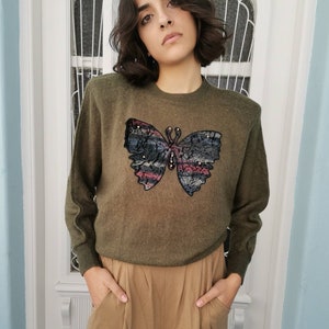 Vintage wool mohair khaki green pullover sweater Butterfly decorated  khaki jumper blouse Retro green mohair blouse for women Christmas gift