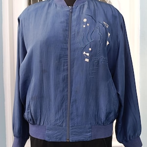 Blue vintage silk bomber jacket Retro fall spring flight jacket Women 1980s blue jumper