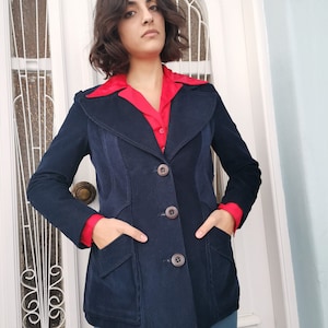 Blue Corduroy Blazer, Waist Fitted Vintage Jacket, Wide Collar Corded Velveteen Women&#39;s Jacket, 1970&#39;s Navy Pincord Blazer