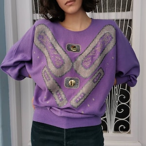 Vintage sweater blouse Purple pullover Retro wool shirt for women Multicolor embellished sweater Christmas gift Gift for her 1980&#39;s tunic