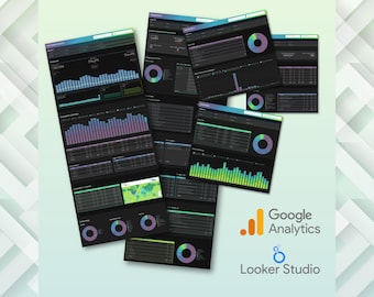 May include: Several digital dashboards showcasing data visualisations, charts, and graphs. The dashboards have a dark theme with colourful accents and are branded with the Google Analytics and Looker Studio logos.