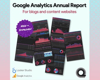NOVO E MELHORADO - Modelo de Painel de Relatório Anual do Google Analytics / GA4 Looker Studio - Tema Escuro