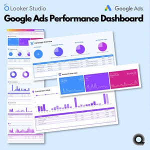 May include: A digital dashboard showing Google Ads performance data. The dashboard presents campaign overviews, bid strategies, and conversion values using charts and graphs. The Looker Studio and Google Ads logos are displayed.