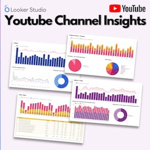 May include: A graphic showing YouTube channel insights, with the Looker Studio logo and YouTube logo. The image displays several charts and graphs, including bar graphs, line graphs, and pie charts, with the text "Youtube Channel Insights".