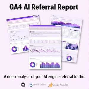 May include: Three reports with charts and graphs, displaying data visualizations in purple and white. The text "GA4 AI Referral Report" is at the top. The phrase "A deep analysis of your AI engine referral traffic" is at the bottom.