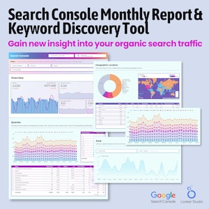 May include: A digital marketing graphic with the text "Search Console Monthly Report & Keyword Discovery Tool." The image displays various charts and graphs, including a world map and pie charts, with data visualizations. The Google Search Console and Looker Studio logos are in the bottom right.