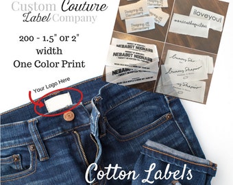 200 Cotton Labels-1.5" or 2" width - White or Natural Cotton Printed Labels -  Sewing Tags - Clothing Labels ONE Color Imprint - Made in USA