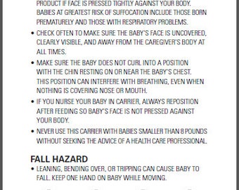 100 4" x 7" ASTM Sling Warning Labels- Soft Infant Carrier Labels- Fall And Suffocation Labels- CPSIA Labels