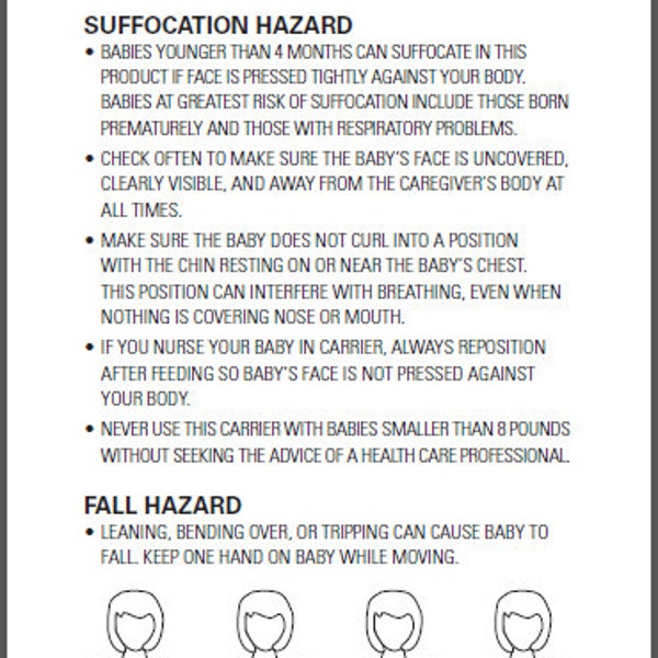 50 4" x 7" ASTM Sling Warning Labels- Soft Infant Carrier Labels- Fall And Suffocation Labels- CPSIA Labels
