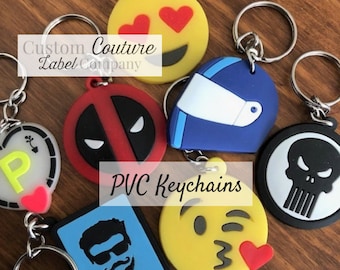 100 Personalized  PVC KEYCHAINS - Rubber Keychains - Key Rings - Key Fobs - up to 4 colors - up to 3"x3" - Made in USA