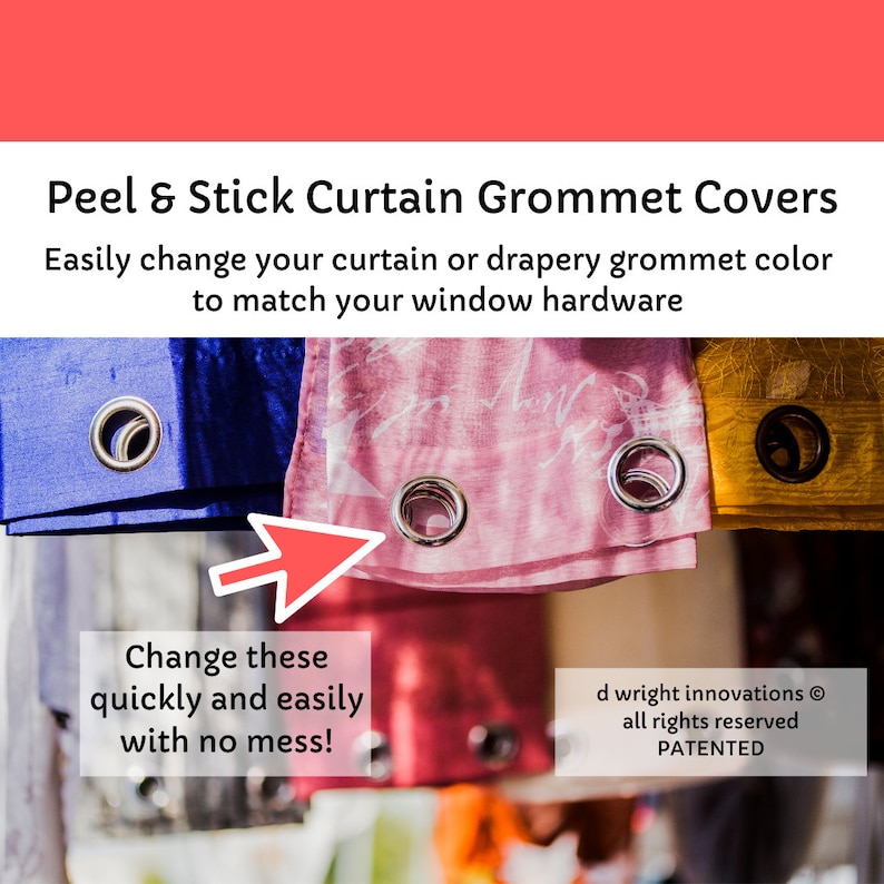 Peel & Stick Curtain/Drapery Grommet Covers Easily Change the Color of Your Curtain Panel Grommets to Match Your Curtain Rod Set of 16 immagine 4