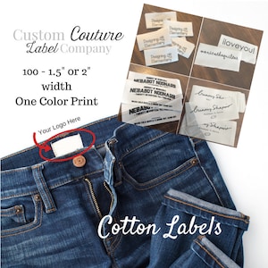 Cotton Labels 100 1.5 or 2 width White or Natural ONE Color Imprint Made in USA image 1