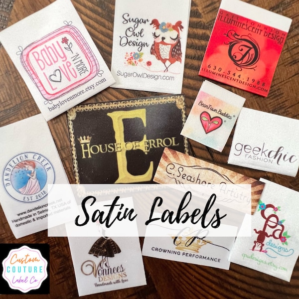 Custom Satin Labels - Your Choice of Sew On Labels - Iron On Labels - Self Adhesive Labels - UNLIMITED COLORS - Made in USA