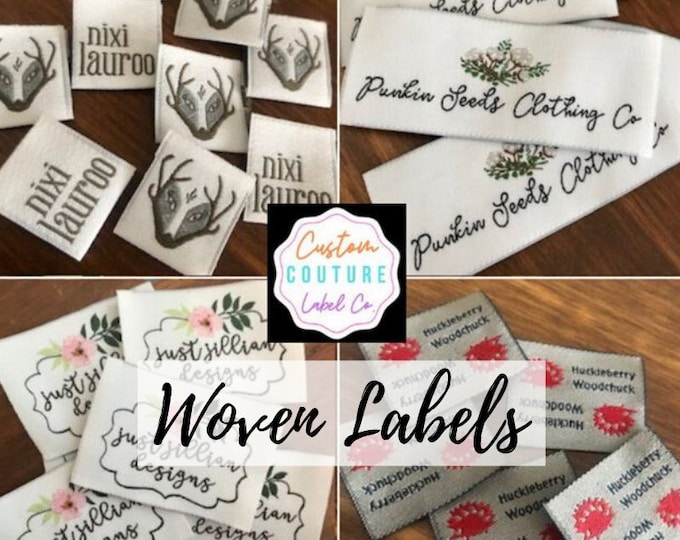 Featured listing image: Custom Woven Labels - Fashion Brand Labels - Woven Clothing Labels - Damask Labels - USING YOUR ARTWORK - Up to 8 Colors - Made in the U S A