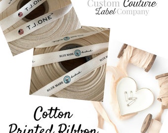 Custom Printed COTTON Ribbon/Twill Tape by the yard - WHITE or NATURAL - One or Two color imprint - 30 or 50 yards