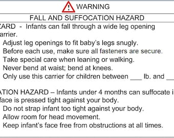 100 4" x 5" ASTM Sling Warning Labels- Soft Infant Carrier Labels- Fall And Suffocation Labels- CPSIA Labels