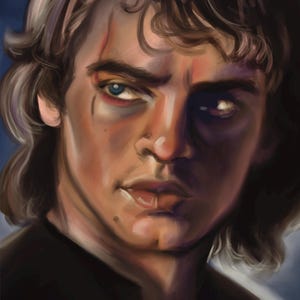 May include: Digital painting of a person with light skin, brown hair, and a serious expression. The person has a scar above their left eye and a dark shadow under their right eye. The background is a gradient of blue and gray.