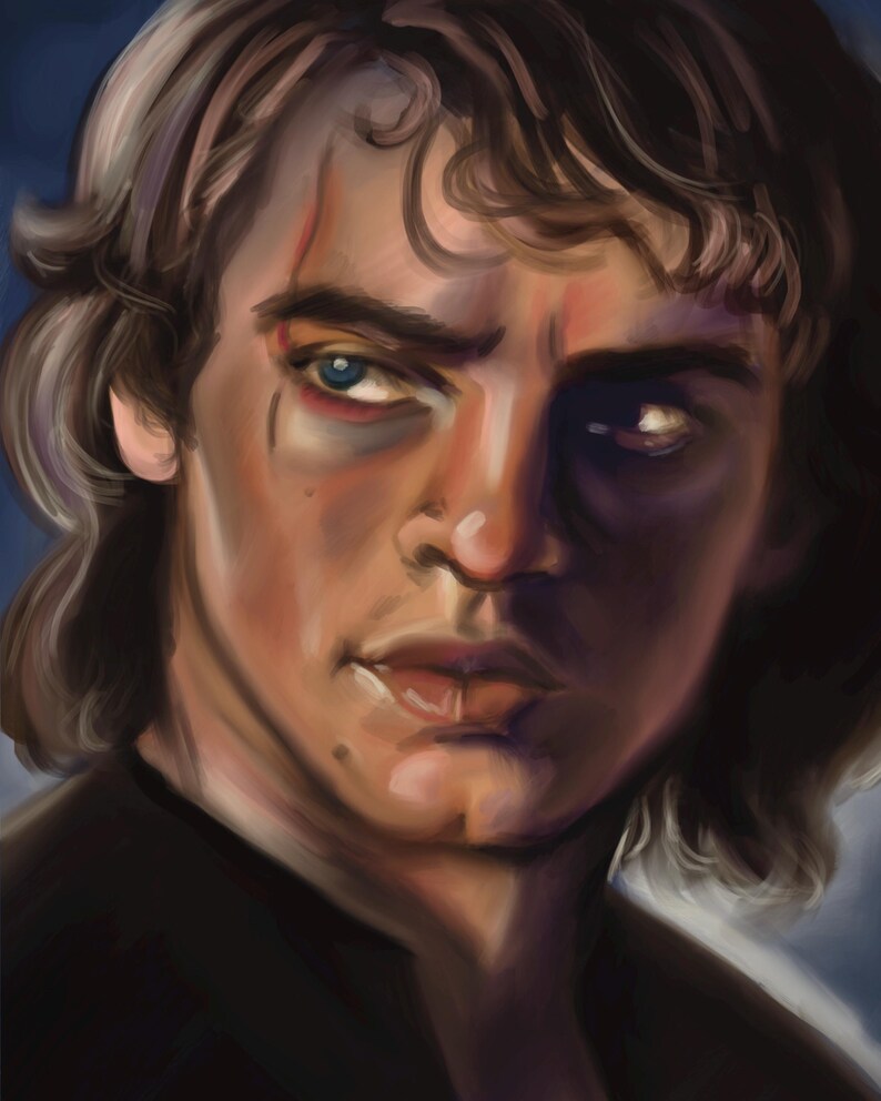 May include: Digital painting of a person with light skin, brown hair, and a serious expression. The person has a scar above their left eye and a dark shadow under their right eye. The background is a gradient of blue and gray.