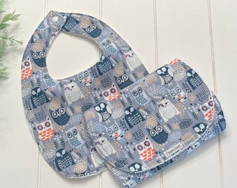 Woodland Owl Baby Boy Bib & Burp Cloth Set