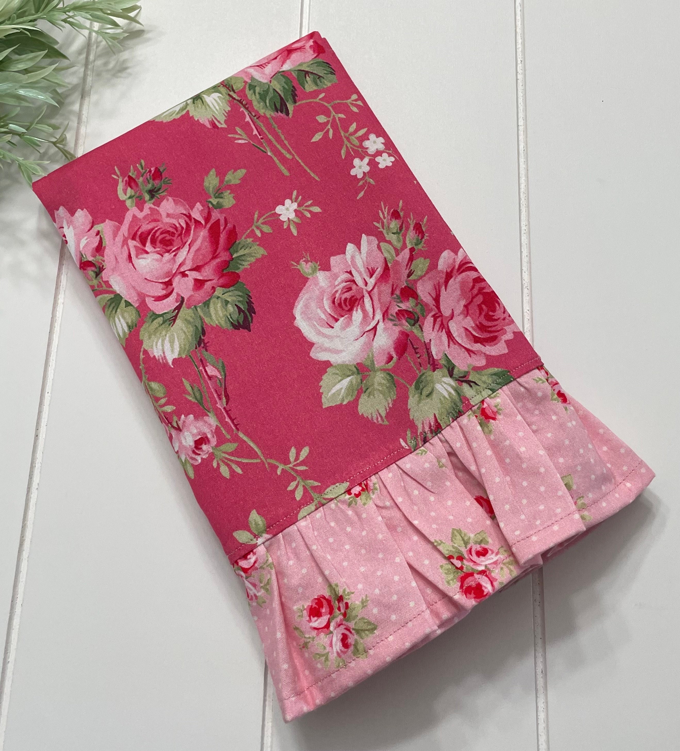 Shabby Country Cottage Farmhouse Pink Ruffled Roses Decorative Tea Dish Kitchen Hand Towel
