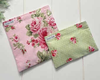 Pink Aqua Shabby Chic Cottage Roses Reusable Sandwich and Snack Bag set